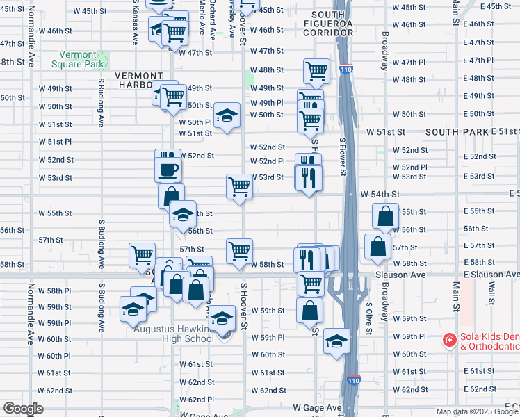 map of restaurants, bars, coffee shops, grocery stores, and more near 638 West 54th Street in Los Angeles