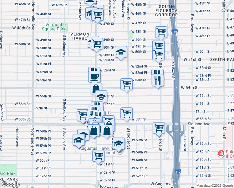 map of restaurants, bars, coffee shops, grocery stores, and more near 840 West 54th Street in Los Angeles