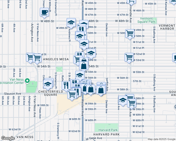 map of restaurants, bars, coffee shops, grocery stores, and more near 1734 West 54th Street in Los Angeles