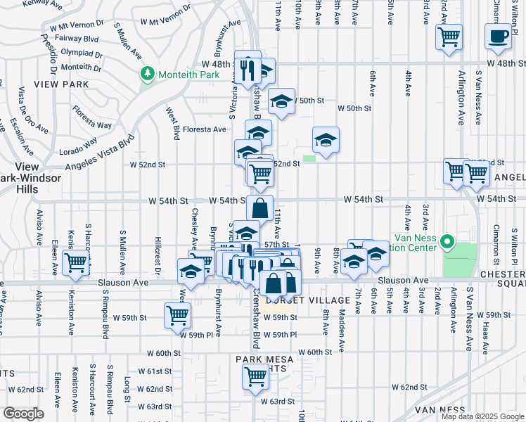 map of restaurants, bars, coffee shops, grocery stores, and more near 5400 Crenshaw Boulevard in Los Angeles