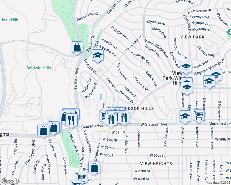 map of restaurants, bars, coffee shops, grocery stores, and more near 5424 Harcross Drive in View Park-Windsor Hills