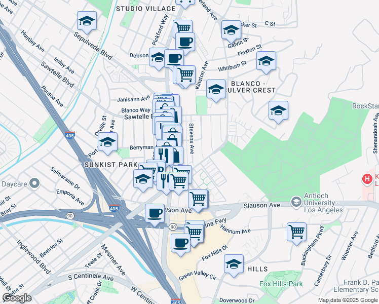 map of restaurants, bars, coffee shops, grocery stores, and more near 11313 Stevens Avenue in Culver City