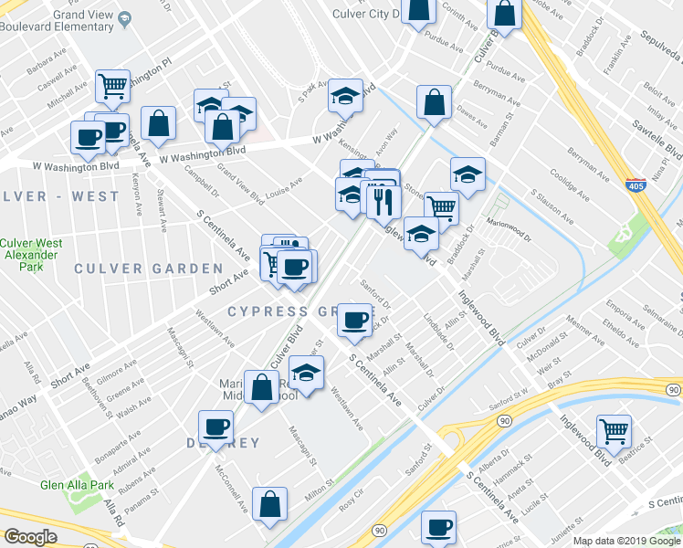map of restaurants, bars, coffee shops, grocery stores, and more near 12072 Culver Boulevard in Los Angeles