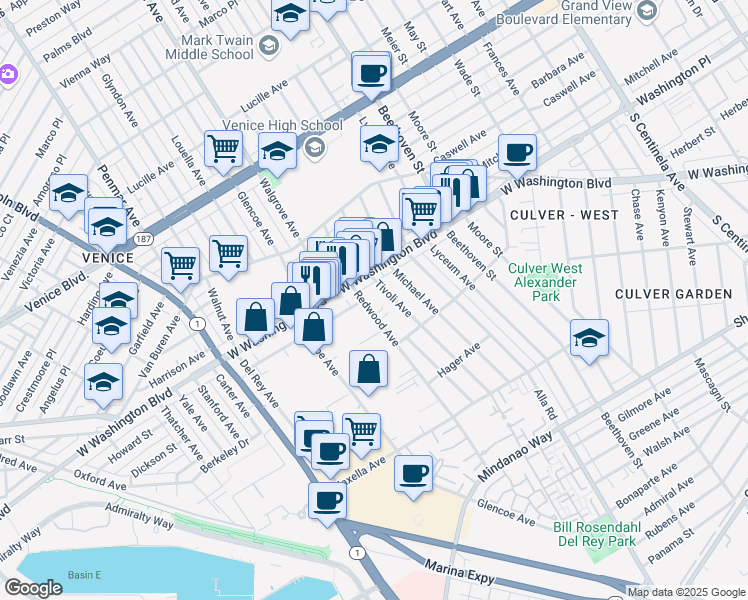 map of restaurants, bars, coffee shops, grocery stores, and more near 4017 Tivoli Avenue in Los Angeles