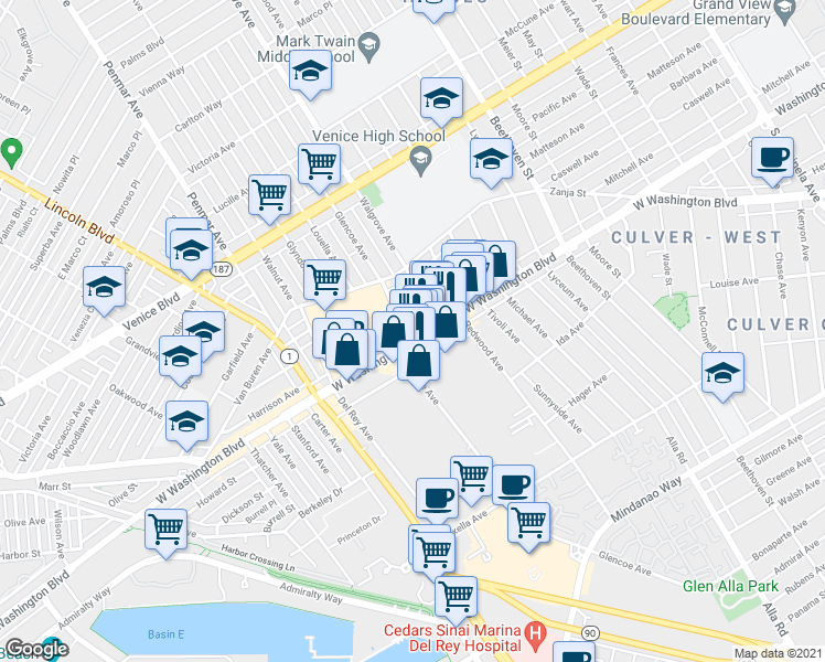 map of restaurants, bars, coffee shops, grocery stores, and more near 3950 Glencoe Avenue in Los Angeles