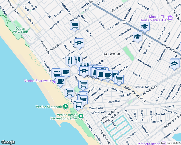 map of restaurants, bars, coffee shops, grocery stores, and more near 308 Broadway Street in Los Angeles