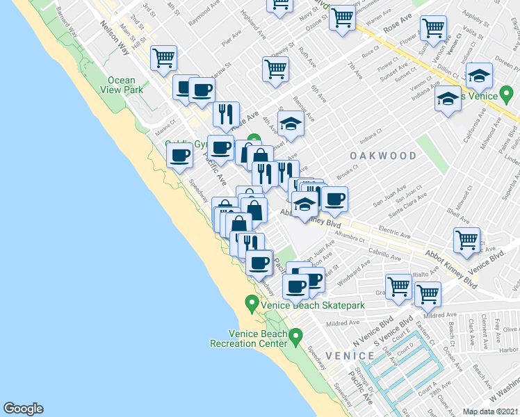 map of restaurants, bars, coffee shops, grocery stores, and more near 800 Main Street in Los Angeles