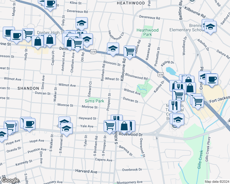 map of restaurants, bars, coffee shops, grocery stores, and more near 3621 S-40-157 in Columbia