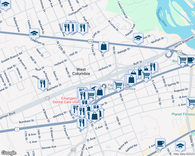 map of restaurants, bars, coffee shops, grocery stores, and more near 1014 Arlington Street in West Columbia