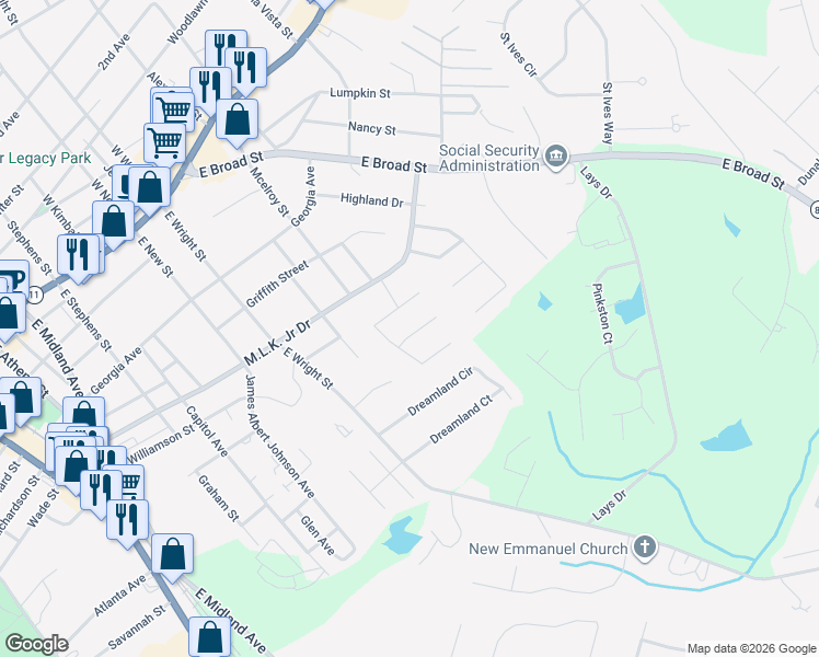 map of restaurants, bars, coffee shops, grocery stores, and more near 236 Jamie Court in Winder