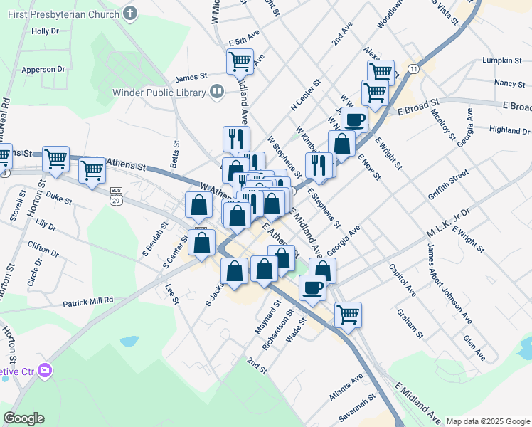 map of restaurants, bars, coffee shops, grocery stores, and more near in Winder