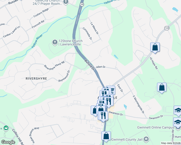 map of restaurants, bars, coffee shops, grocery stores, and more near 1150 Rivershyre Parkway Northeast in Lawrenceville