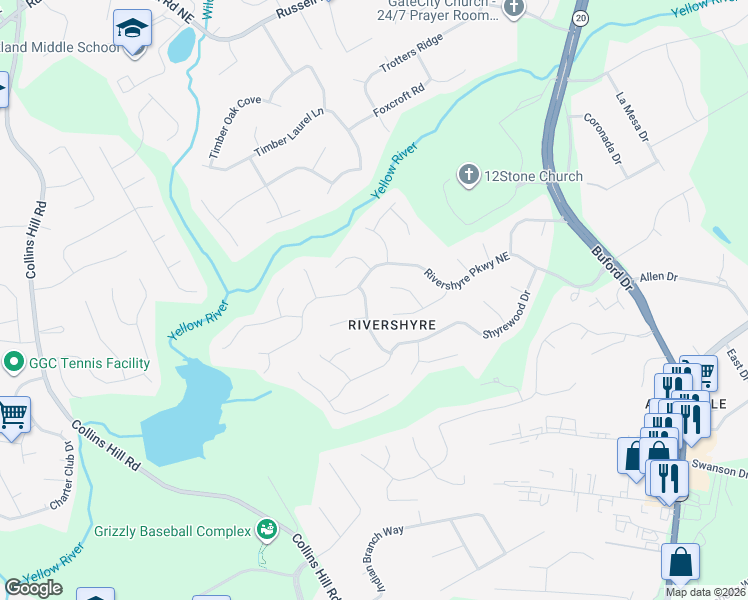 map of restaurants, bars, coffee shops, grocery stores, and more near 1275 Creek Laurel Drive in Lawrenceville