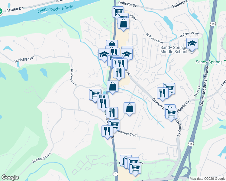 map of restaurants, bars, coffee shops, grocery stores, and more near 6 Huntington Place Drive in Atlanta