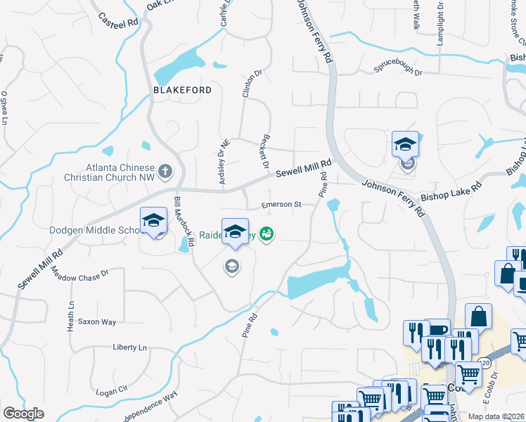 map of restaurants, bars, coffee shops, grocery stores, and more near 3882 Emerson Street in Marietta