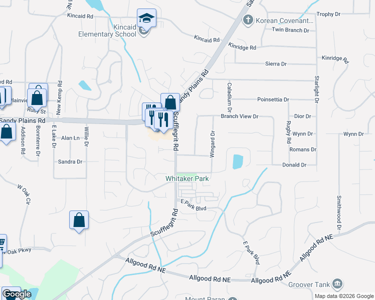 map of restaurants, bars, coffee shops, grocery stores, and more near 1752 Scufflegrit Road in Marietta