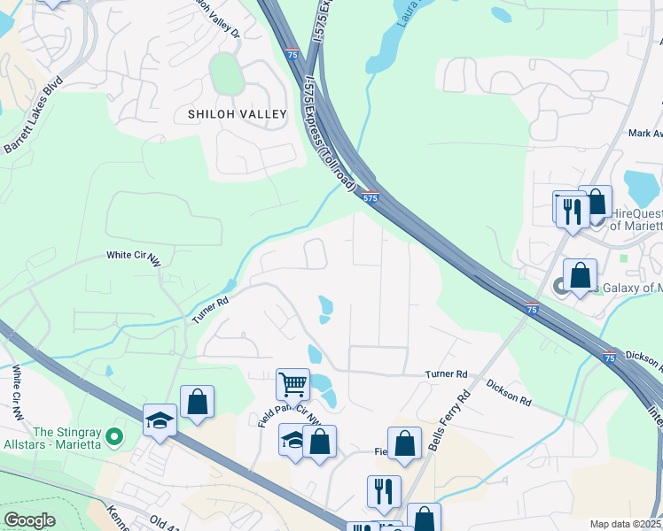 map of restaurants, bars, coffee shops, grocery stores, and more near 359 Shiloh Manor Drive in Marietta