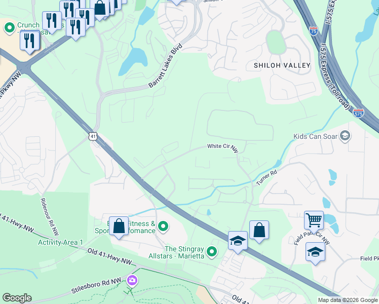 map of restaurants, bars, coffee shops, grocery stores, and more near 330-428 Noonday Church Road in Kennesaw