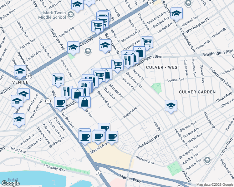map of restaurants, bars, coffee shops, grocery stores, and more near 4065 Michael Avenue in Los Angeles