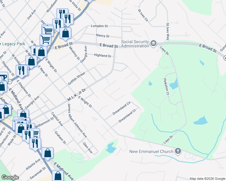 map of restaurants, bars, coffee shops, grocery stores, and more near 236 Jamie Court in Winder