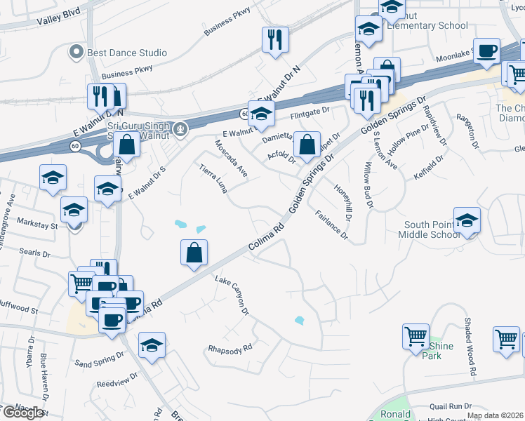 map of restaurants, bars, coffee shops, grocery stores, and more near 1245 Tierra Luna in Walnut