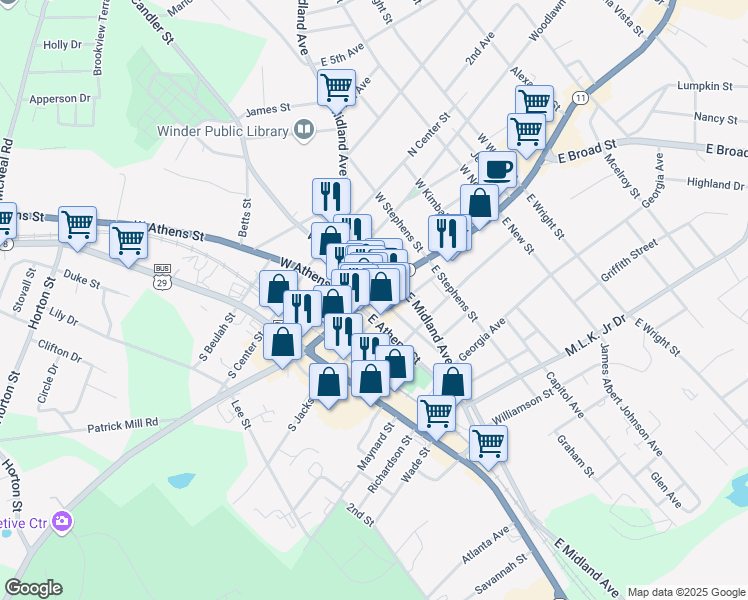 map of restaurants, bars, coffee shops, grocery stores, and more near in Winder