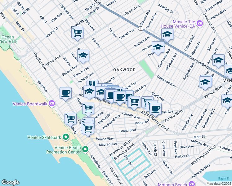 map of restaurants, bars, coffee shops, grocery stores, and more near 513 San Juan Avenue in Los Angeles