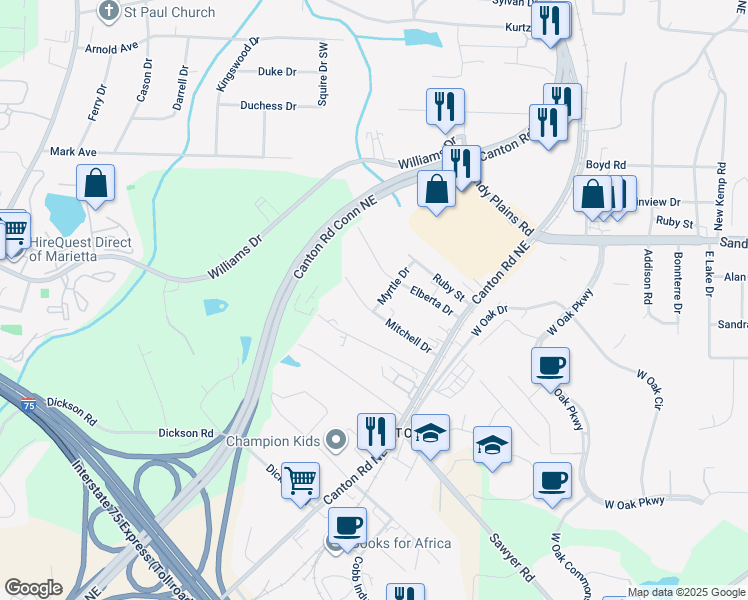 map of restaurants, bars, coffee shops, grocery stores, and more near 651 Myrtle Drive in Marietta