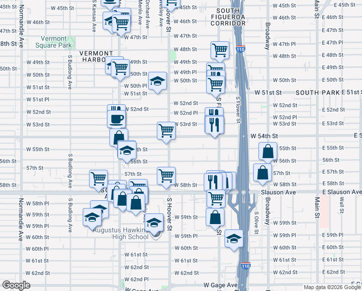 map of restaurants, bars, coffee shops, grocery stores, and more near 638 West 54th Street in Los Angeles