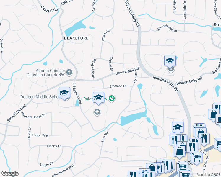 map of restaurants, bars, coffee shops, grocery stores, and more near 3882 Emerson St in Marietta
