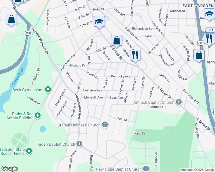 map of restaurants, bars, coffee shops, grocery stores, and more near 211 Pinehurst Street in Gadsden