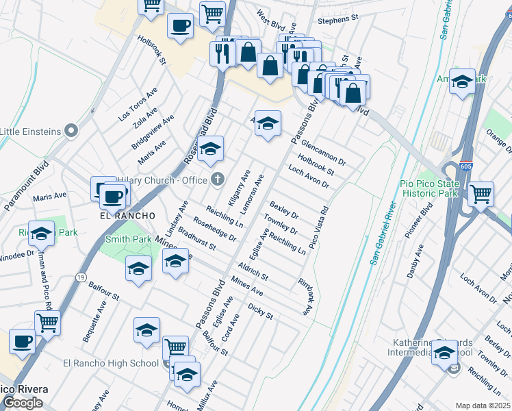 map of restaurants, bars, coffee shops, grocery stores, and more near 5441 Passons Boulevard in Pico Rivera