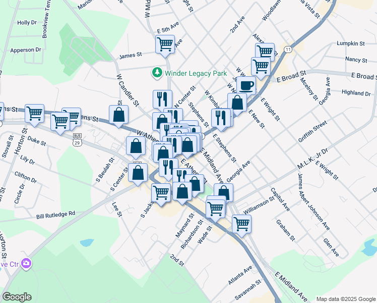 map of restaurants, bars, coffee shops, grocery stores, and more near in Winder