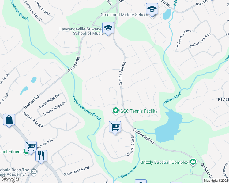 map of restaurants, bars, coffee shops, grocery stores, and more near 1470 Dorchester Drive in Lawrenceville