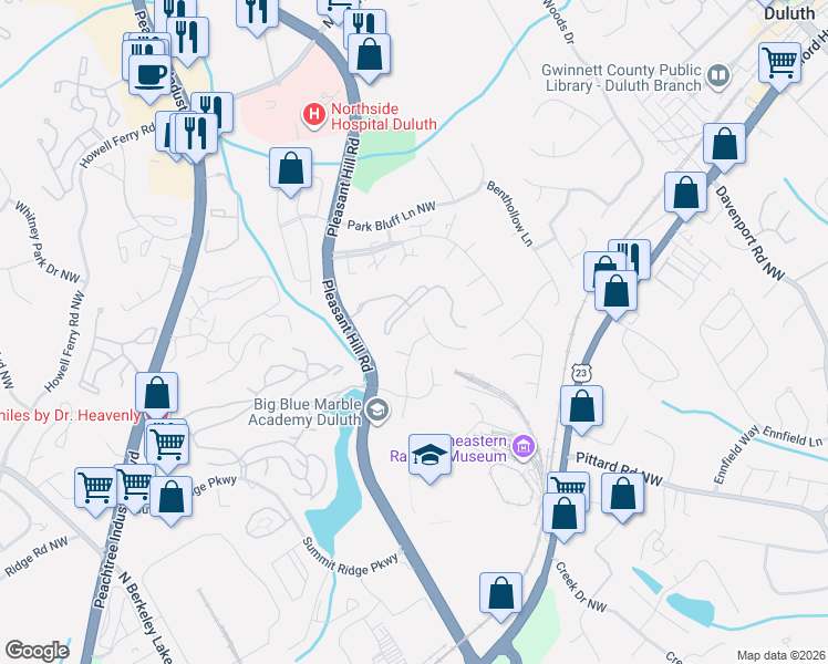 map of restaurants, bars, coffee shops, grocery stores, and more near 3534 Palisade Cove Drive in Duluth
