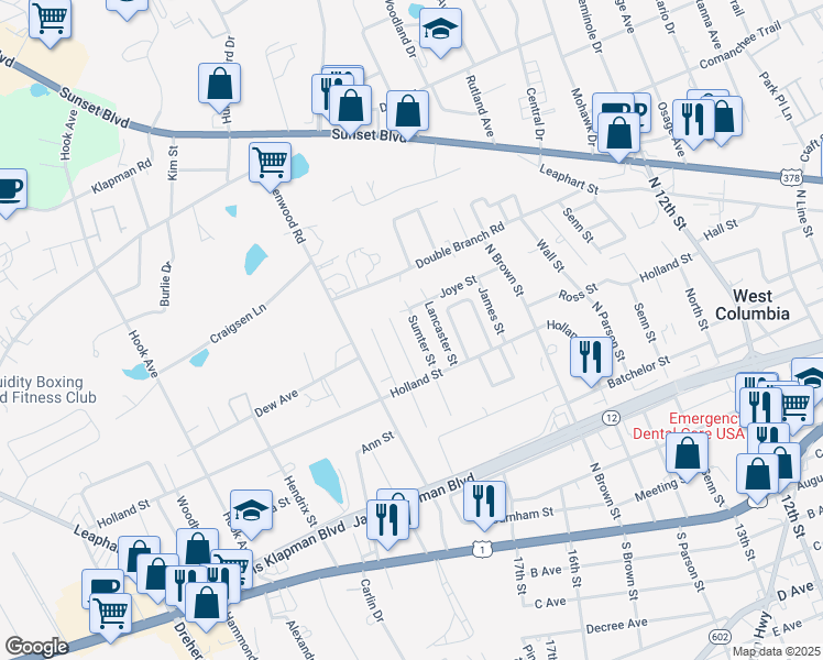 map of restaurants, bars, coffee shops, grocery stores, and more near 638 Sumter Street in West Columbia