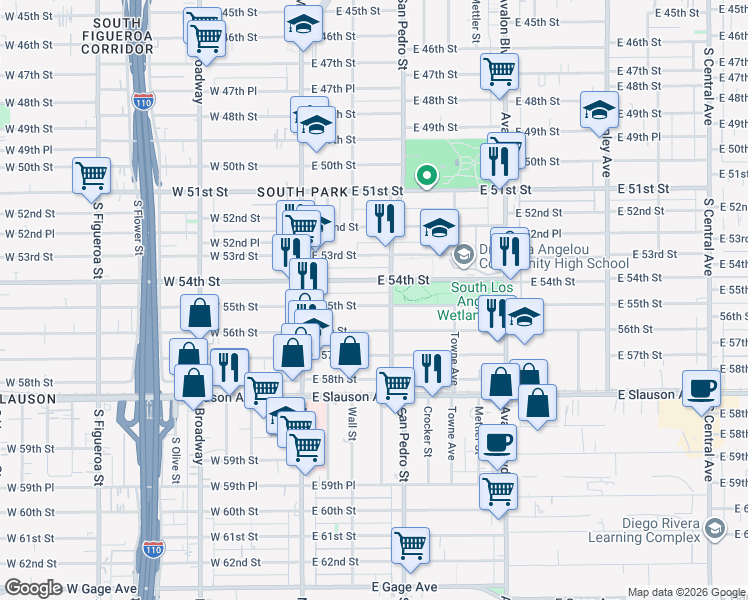 map of restaurants, bars, coffee shops, grocery stores, and more near 227 East 55th Street in Los Angeles