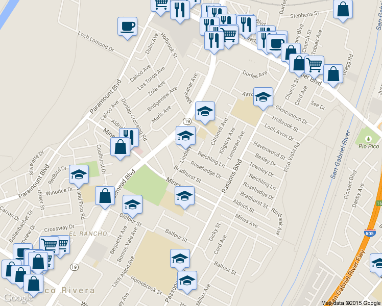 map of restaurants, bars, coffee shops, grocery stores, and more near 9108 Reichling Lane in Pico Rivera
