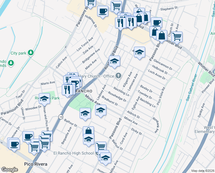 map of restaurants, bars, coffee shops, grocery stores, and more near 9108 Reichling Lane in Pico Rivera