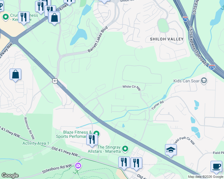 map of restaurants, bars, coffee shops, grocery stores, and more near 330-428 Noonday Church Road in Kennesaw