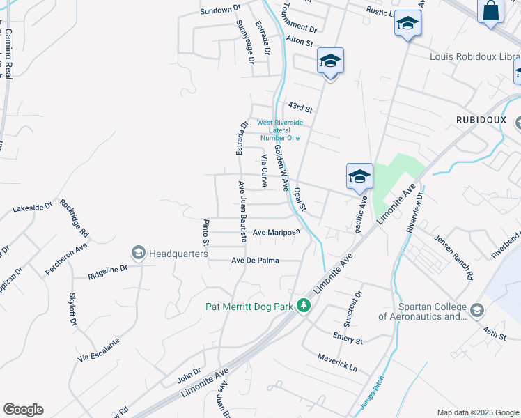 map of restaurants, bars, coffee shops, grocery stores, and more near 6544 Vía Florencia in Riverside