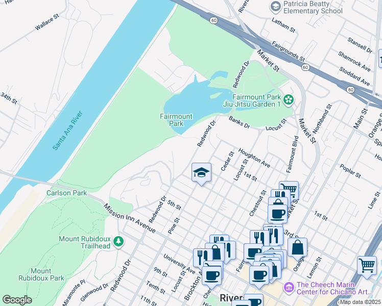 map of restaurants, bars, coffee shops, grocery stores, and more near 3159 Redwood Drive in Riverside