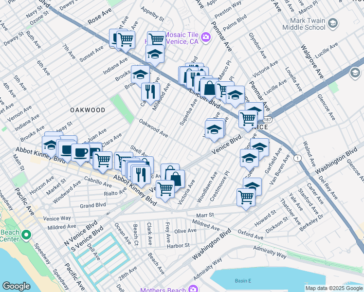 map of restaurants, bars, coffee shops, grocery stores, and more near 754 Marco Place in Los Angeles