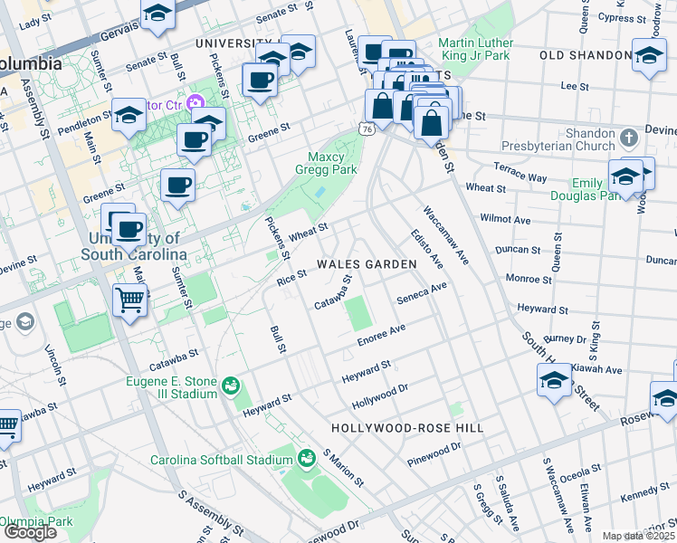 map of restaurants, bars, coffee shops, grocery stores, and more near 324 Saint James Street in Columbia