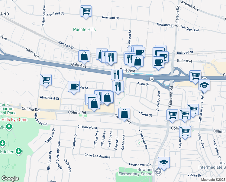 map of restaurants, bars, coffee shops, grocery stores, and more near 17926 Castleton Street in City of Industry