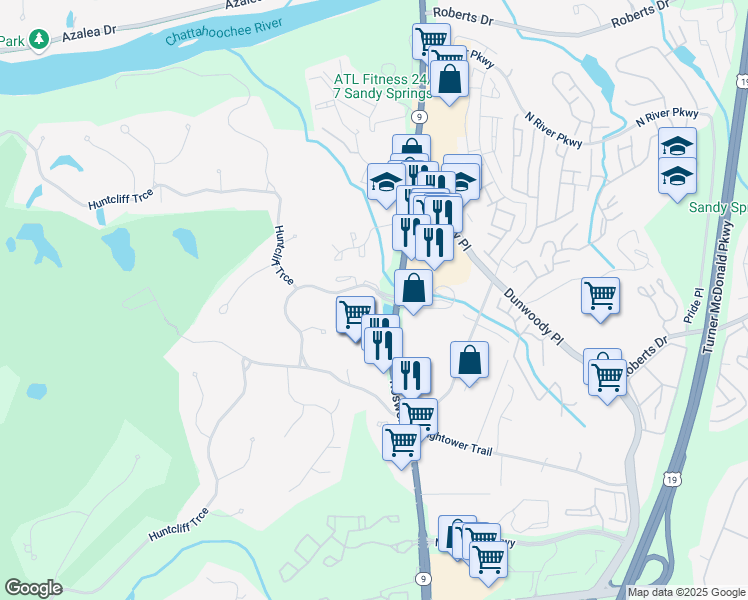 map of restaurants, bars, coffee shops, grocery stores, and more near 8652 Roswell Road Northeast in Sandy Springs