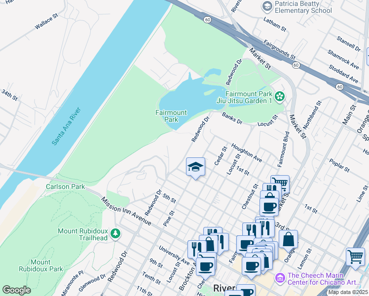 map of restaurants, bars, coffee shops, grocery stores, and more near 3159 Redwood Drive in Riverside