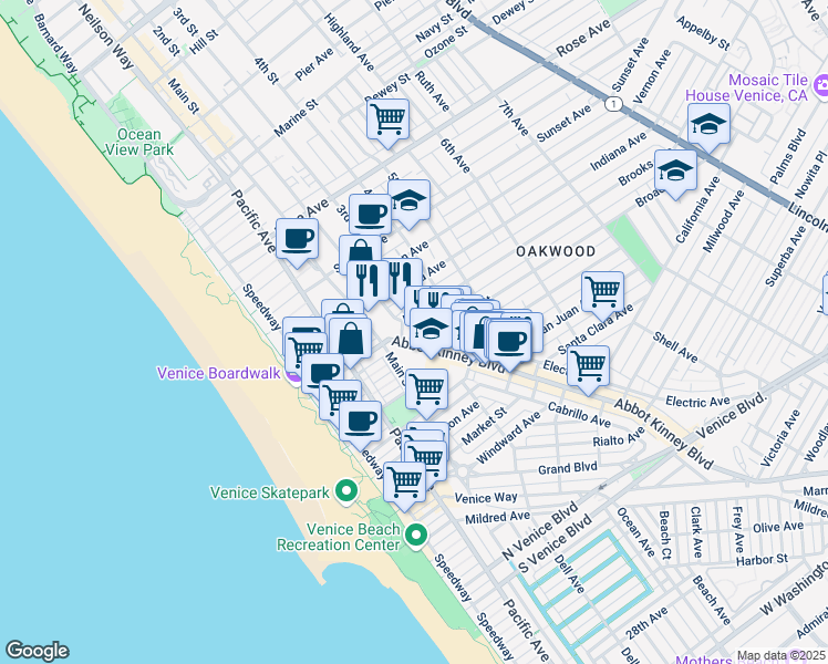 map of restaurants, bars, coffee shops, grocery stores, and more near 1007 Abbot Kinney Boulevard in Los Angeles