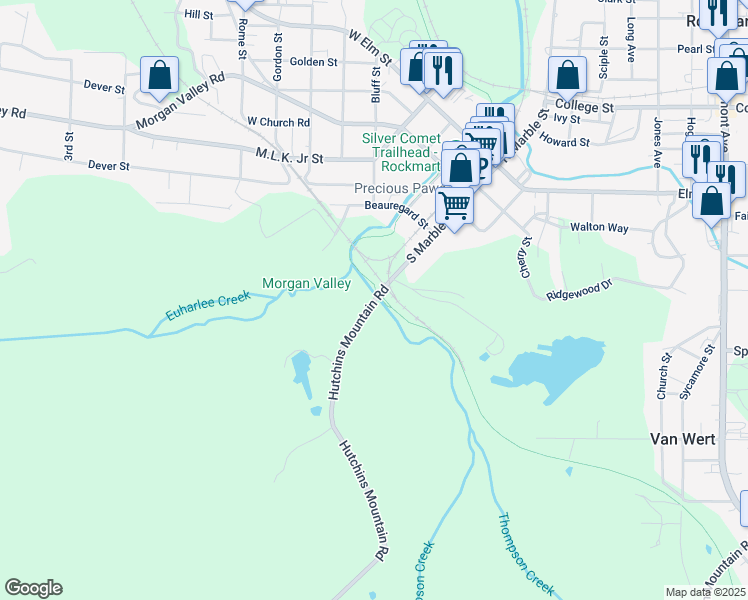 map of restaurants, bars, coffee shops, grocery stores, and more near Hutchins Mountain Road in Rockmart