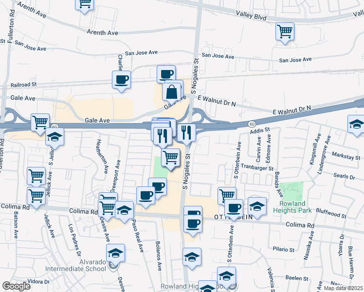 map of restaurants, bars, coffee shops, grocery stores, and more near 1355 Nogales Street in Rowland Heights